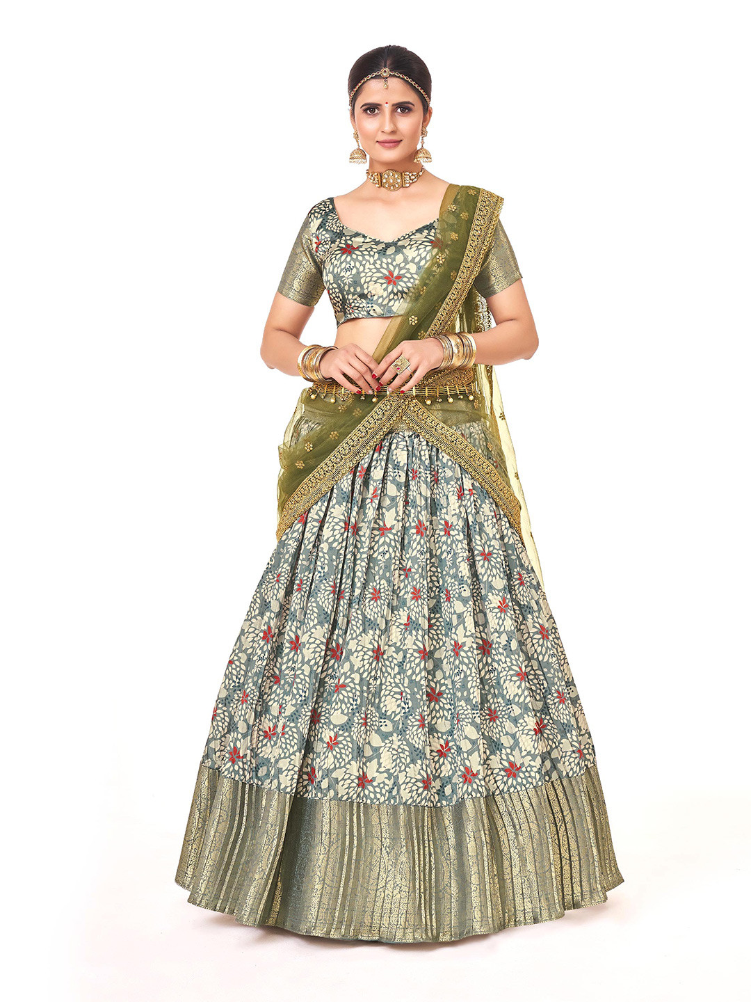

SHOPGARB Printed Semi-Stitched Lehenga & Unstitched Blouse With Dupatta, Grey