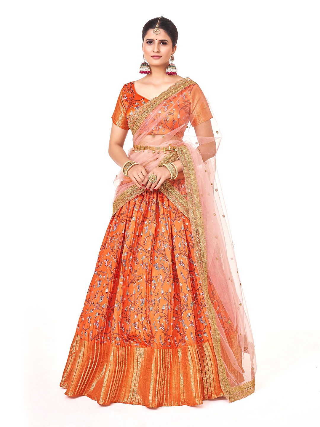 

SHOPGARB Floral Printed Semi-Stitched Lehenga & Unstitched Blouse With Dupatta, Orange