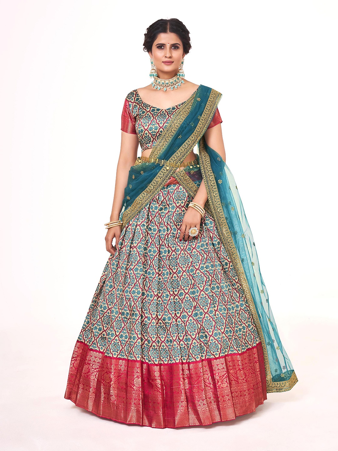 

SHOPGARB Printed Semi-Stitched Lehenga & Unstitched Blouse With Dupatta, Peach