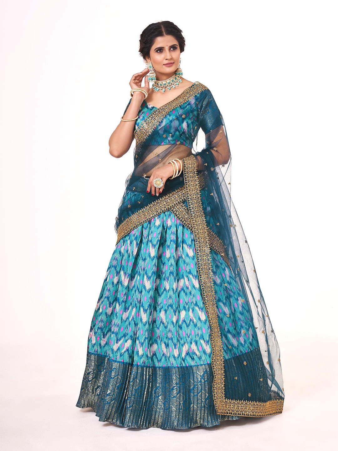 

SHOPGARB Printed Semi-Stitched Lehenga & Unstitched Blouse With Dupatta, Blue