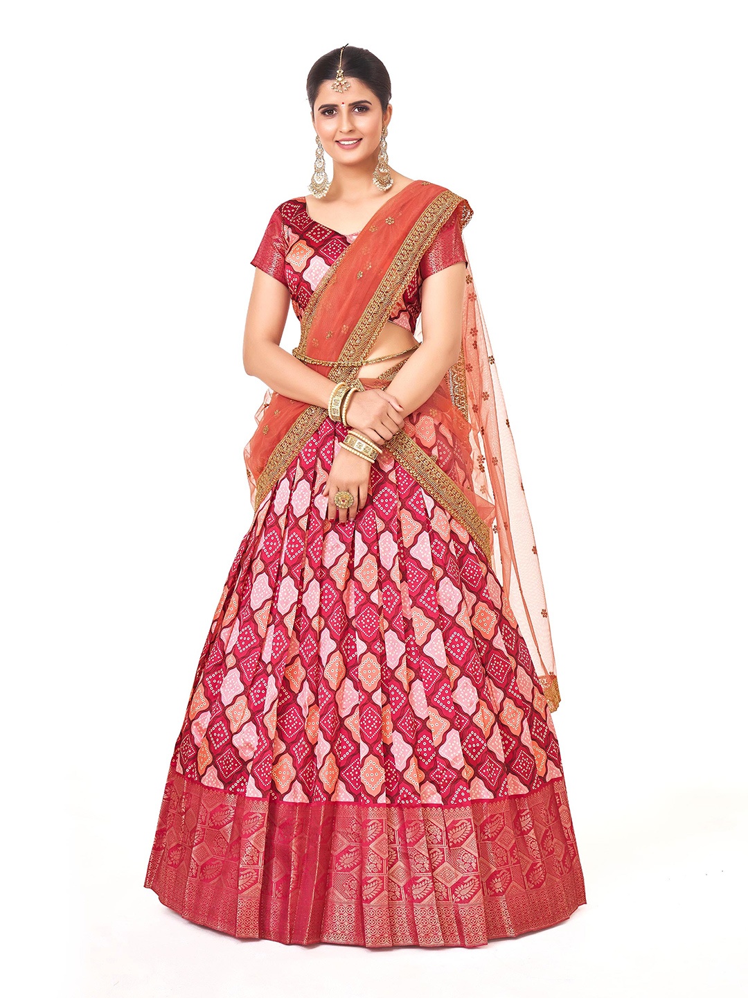 

SHOPGARB Printed Semi-Stitched Lehenga & Unstitched Blouse With Dupatta, Pink