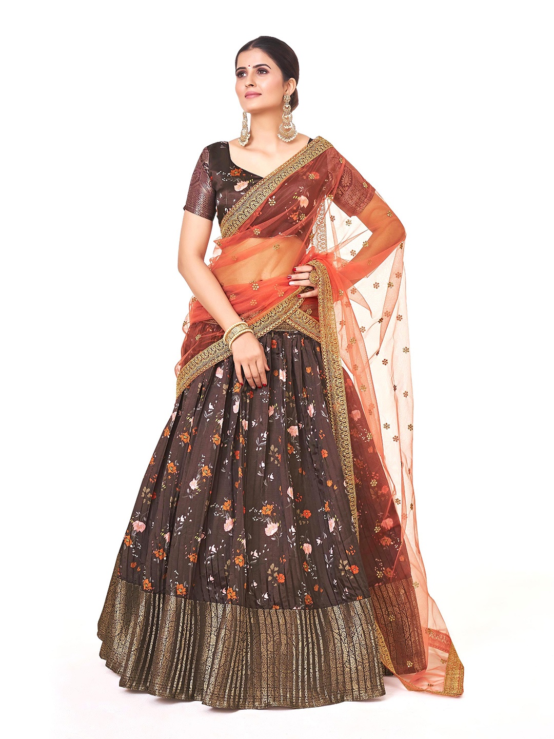 

SHOPGARB Printed Semi-Stitched Lehenga & Unstitched Blouse With Dupatta, Brown