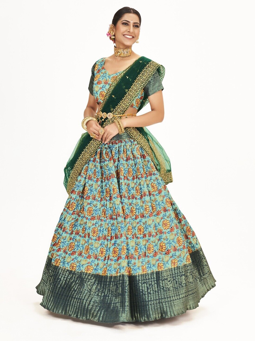 

SHOPGARB Printed Semi-Stitched Lehenga & Unstitched Blouse With Dupatta, Sea green