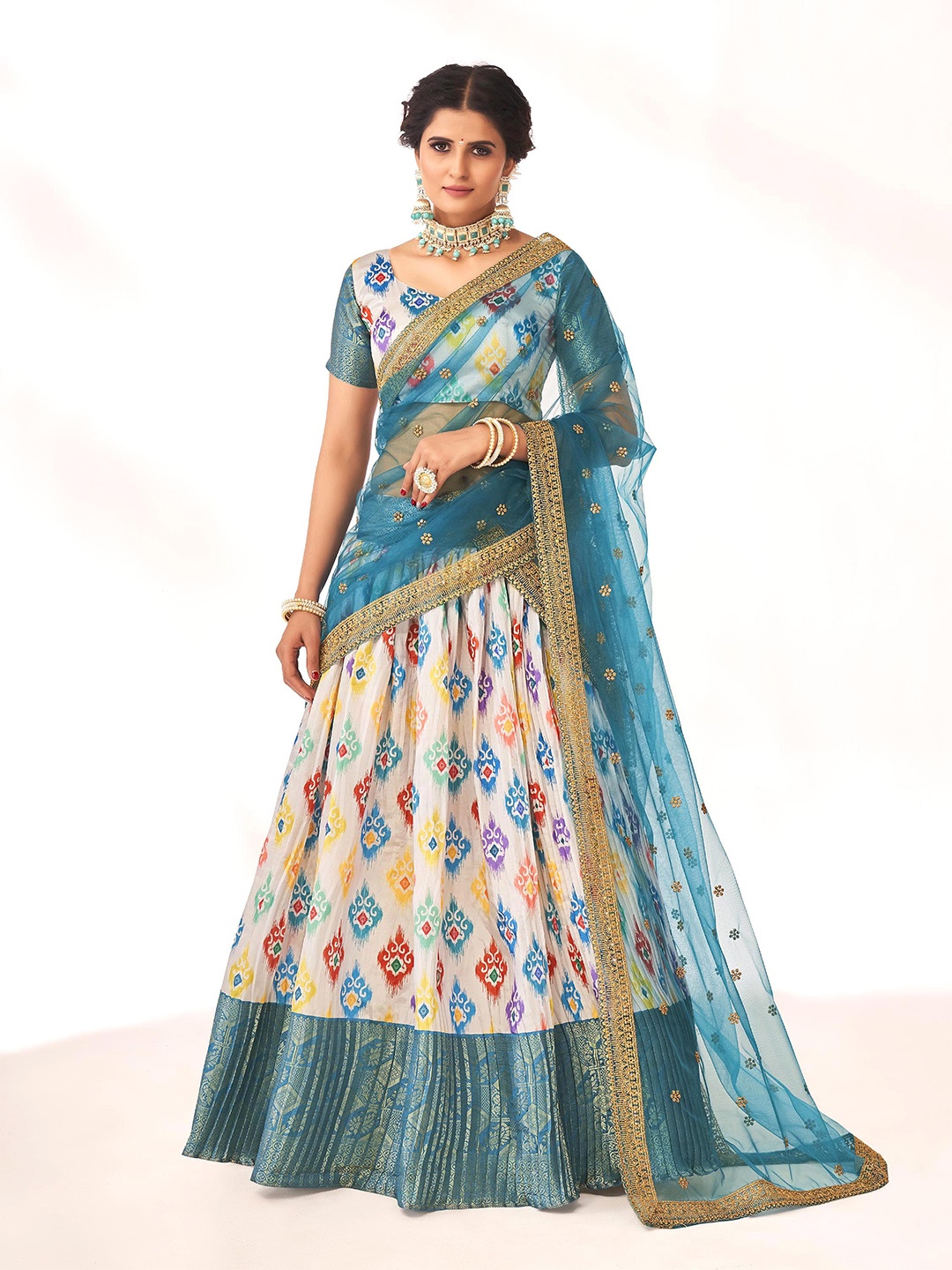 

SHOPGARB Printed Semi-Stitched Lehenga & Unstitched Blouse With Dupatta, White