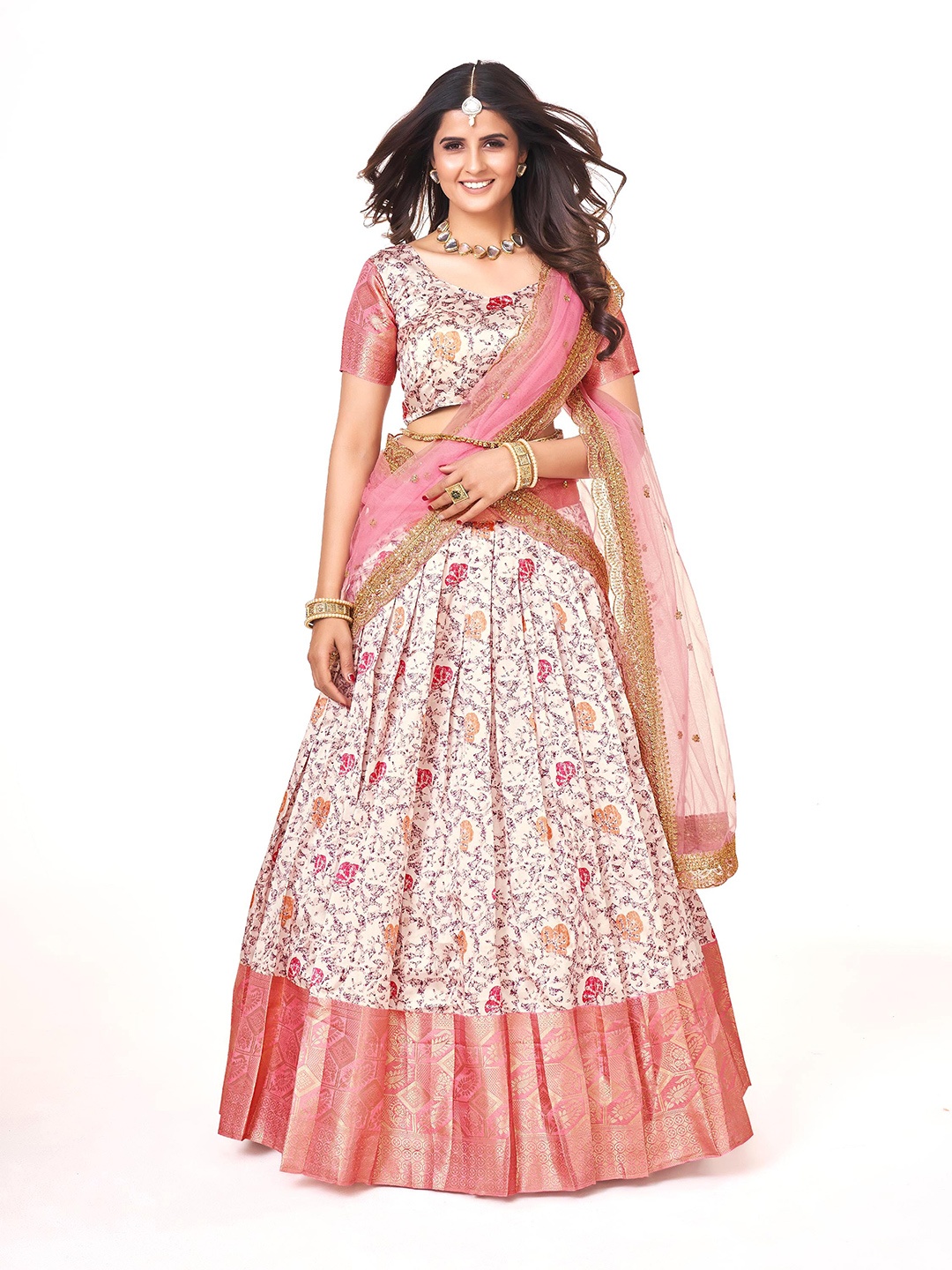 

SHOPGARB Printed Semi-Stitched Lehenga & Unstitched Blouse With Dupatta, White