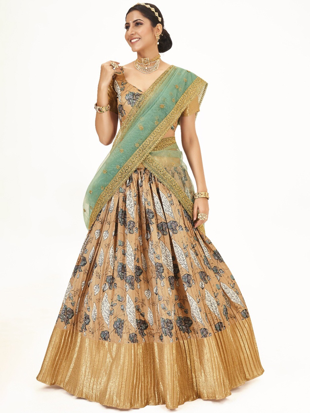 

SHOPGARB Floral Printed Semi-Stitched Lehenga & Unstitched Blouse With Dupatta, Beige