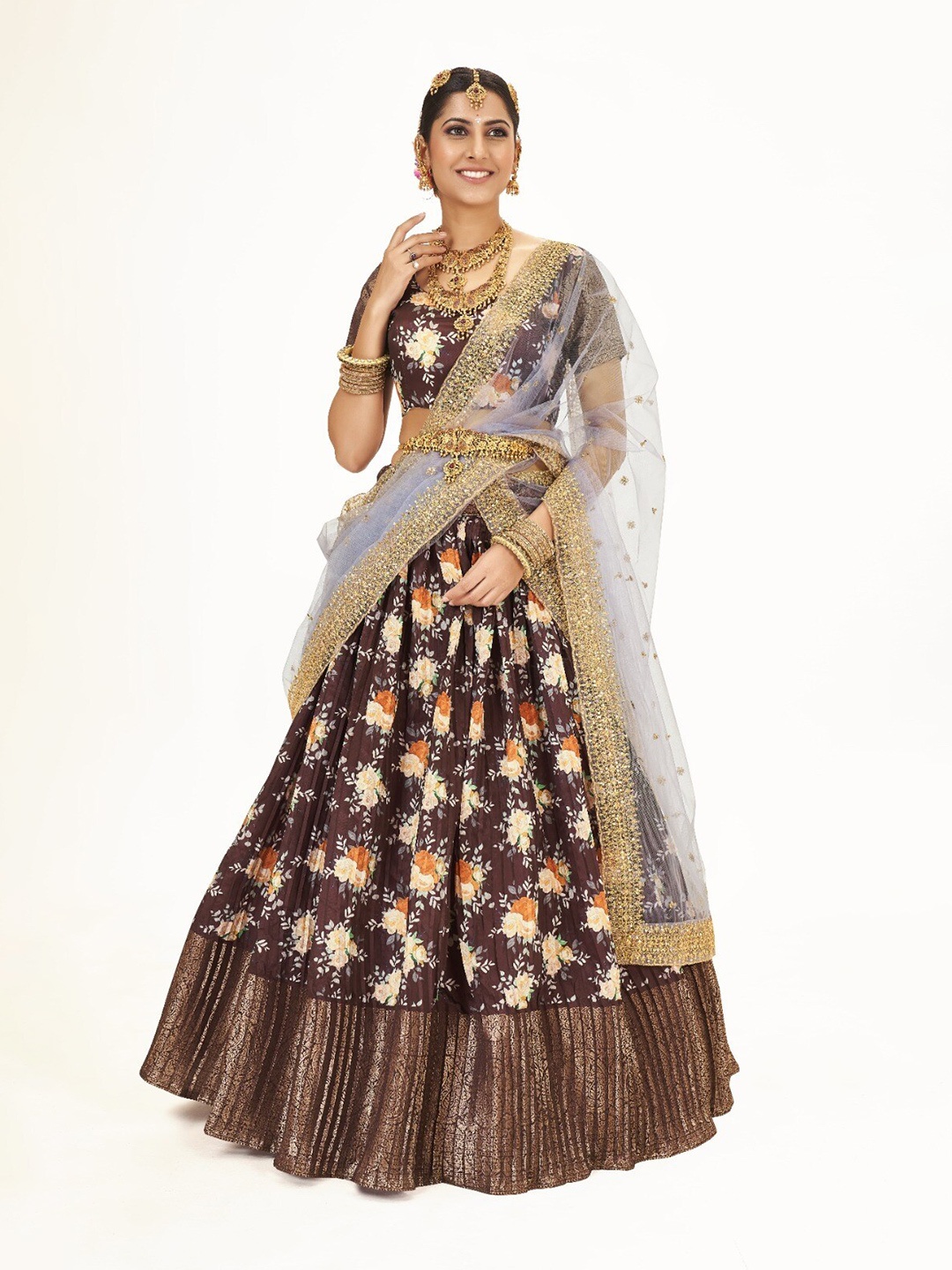 

SHOPGARB Printed Semi-Stitched Lehenga & Unstitched Blouse With Dupatta, Brown