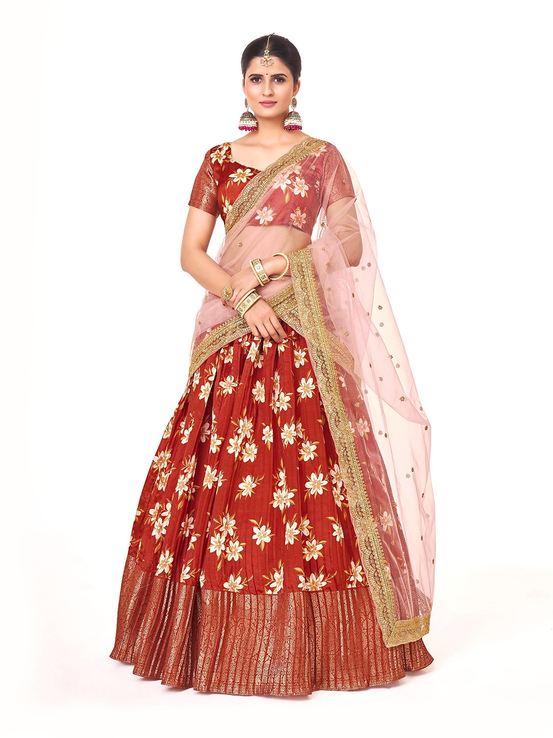 

SHOPGARB Printed Semi-Stitched Lehenga & Unstitched Blouse With Dupatta, Red
