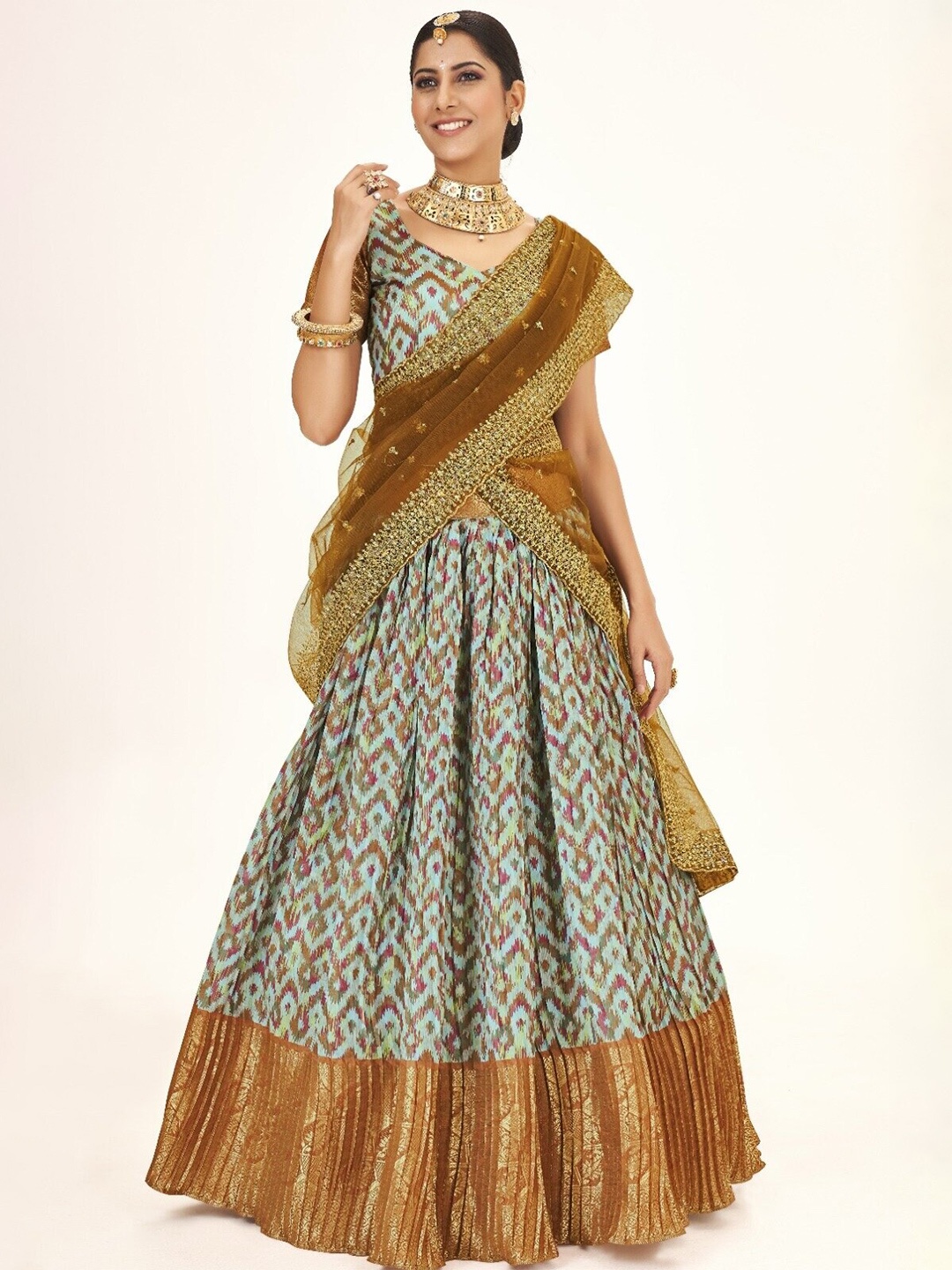 

SHOPGARB Printed Semi-Stitched Lehenga & Unstitched Blouse With Dupatta, Green