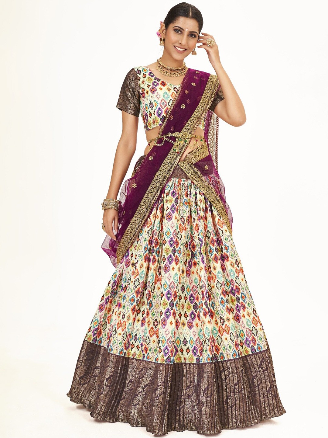 

SHOPGARB Printed Semi-Stitched Lehenga & Unstitched Blouse With Dupatta, White