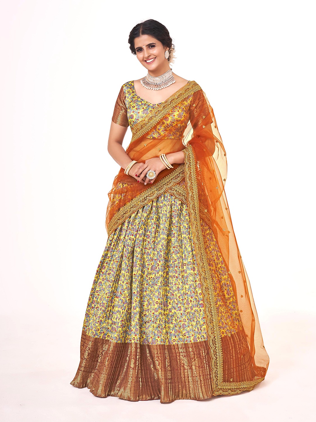 

SHOPGARB Floral Printed Semi-Stitched Lehenga & Unstitched Blouse With Dupatta, Yellow