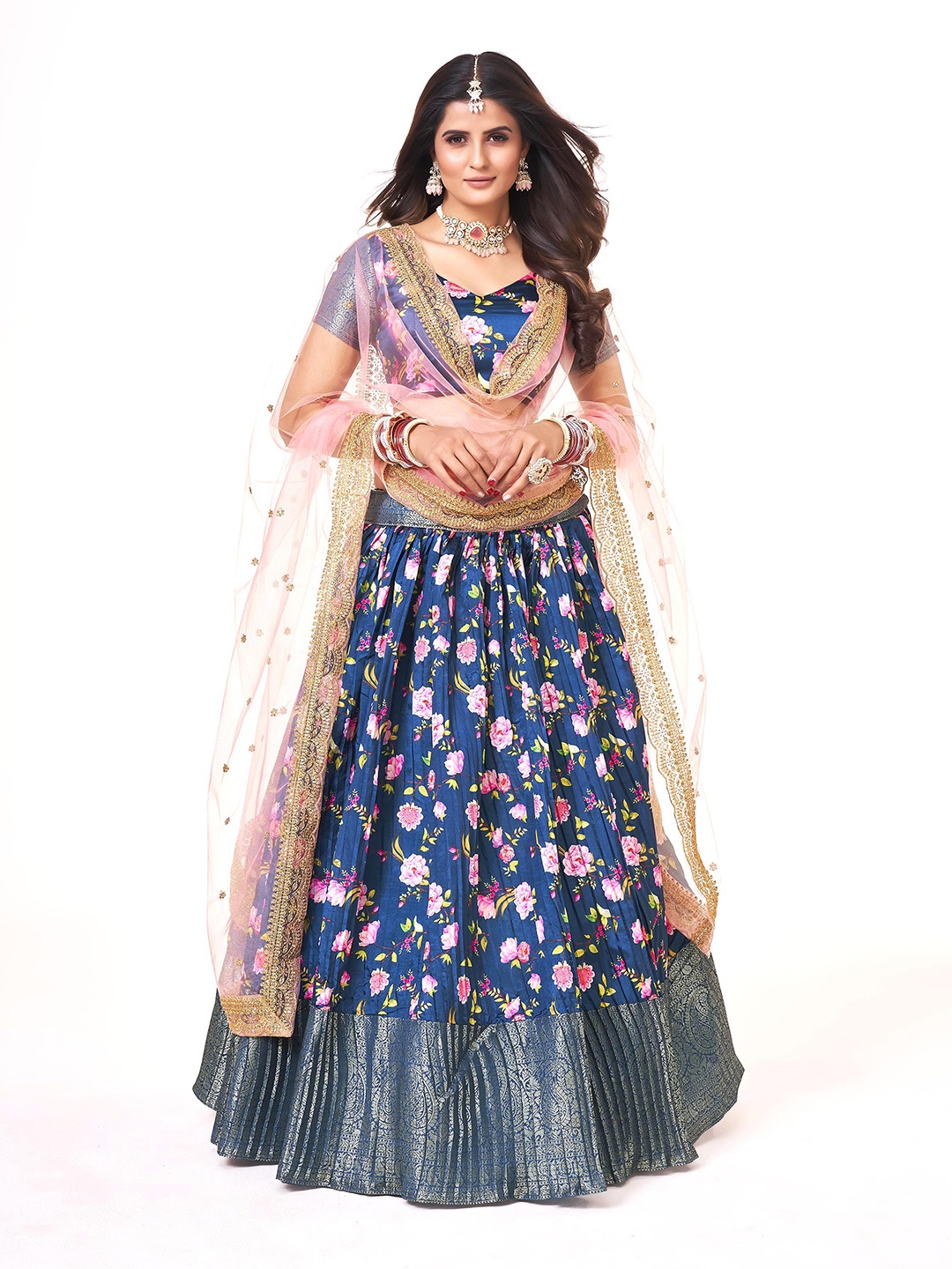 

SHOPGARB Printed Semi-Stitched Lehenga & Unstitched Blouse With Dupatta, Blue