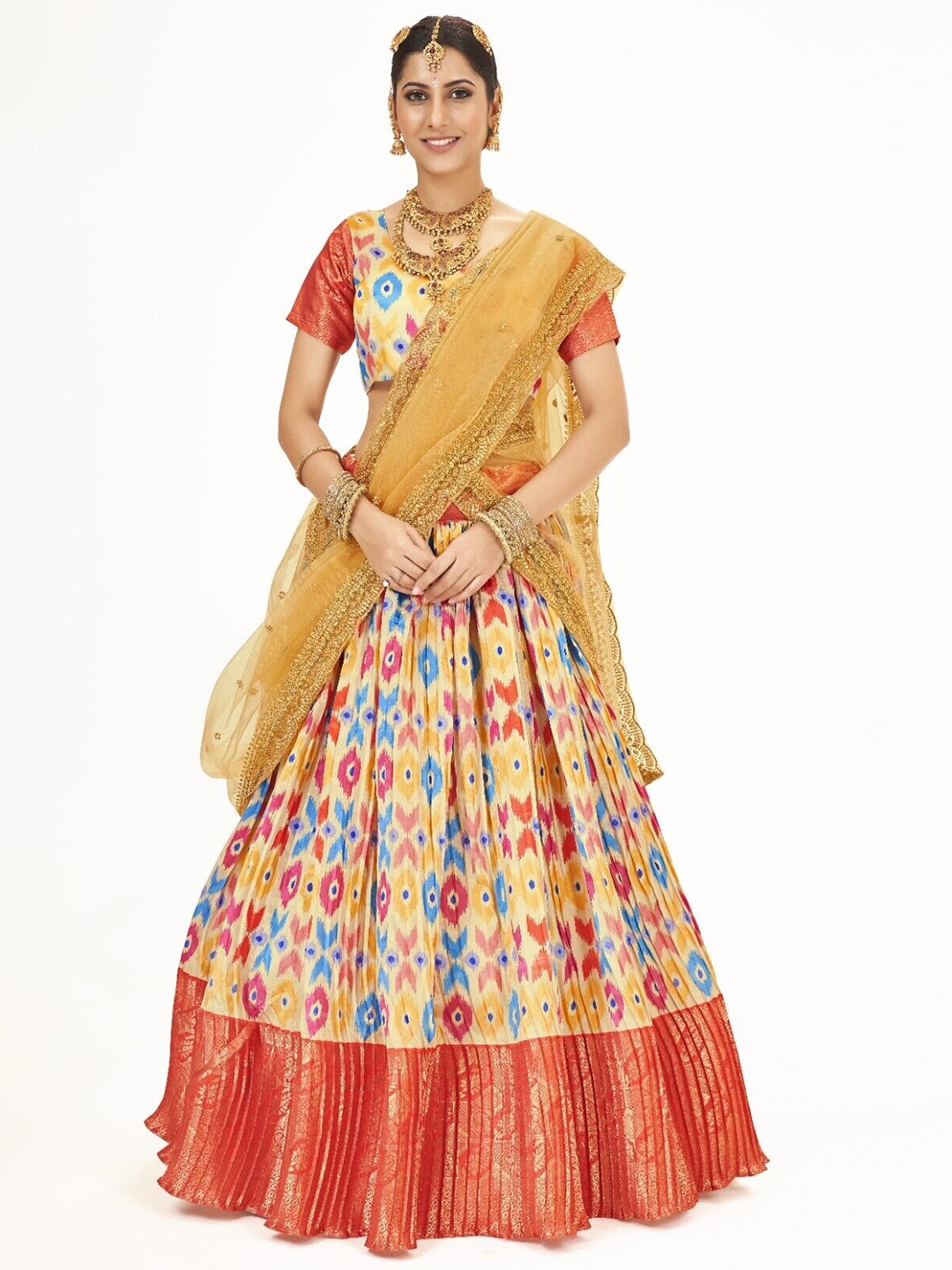 

SHOPGARB Printed Semi-Stitched Lehenga & Unstitched Blouse With Dupatta, Cream