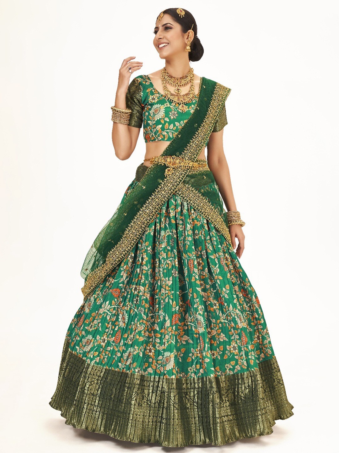 

SHOPGARB Printed Semi-Stitched Lehenga & Unstitched Blouse With Dupatta, Green