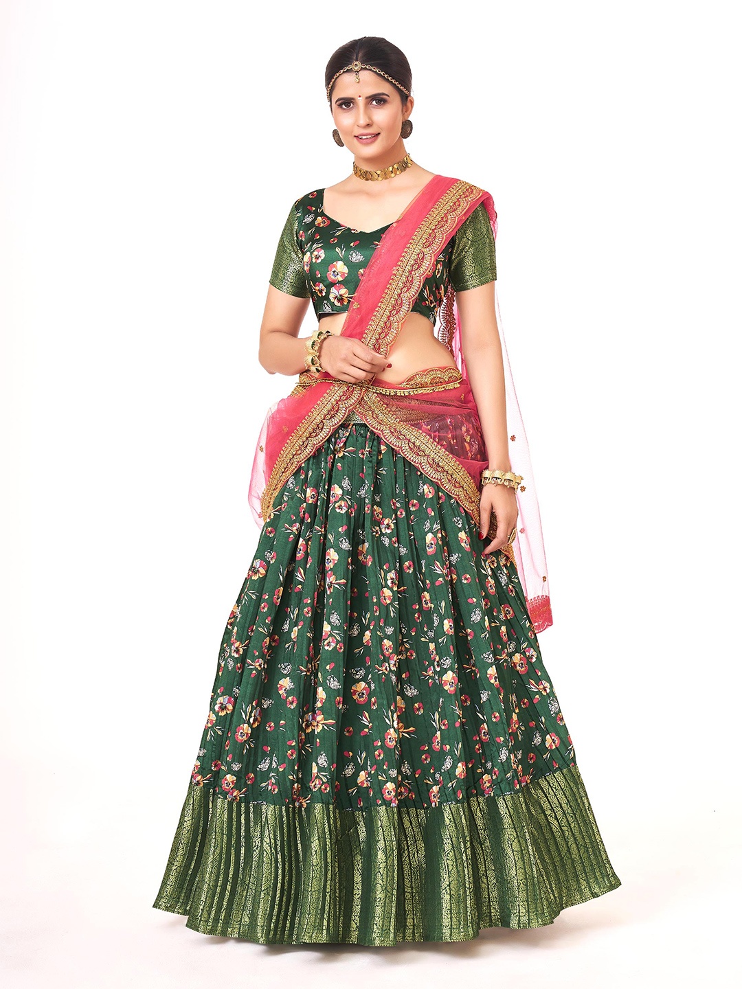 

SHOPGARB Printed Semi-Stitched Lehenga & Unstitched Blouse With Dupatta, Green