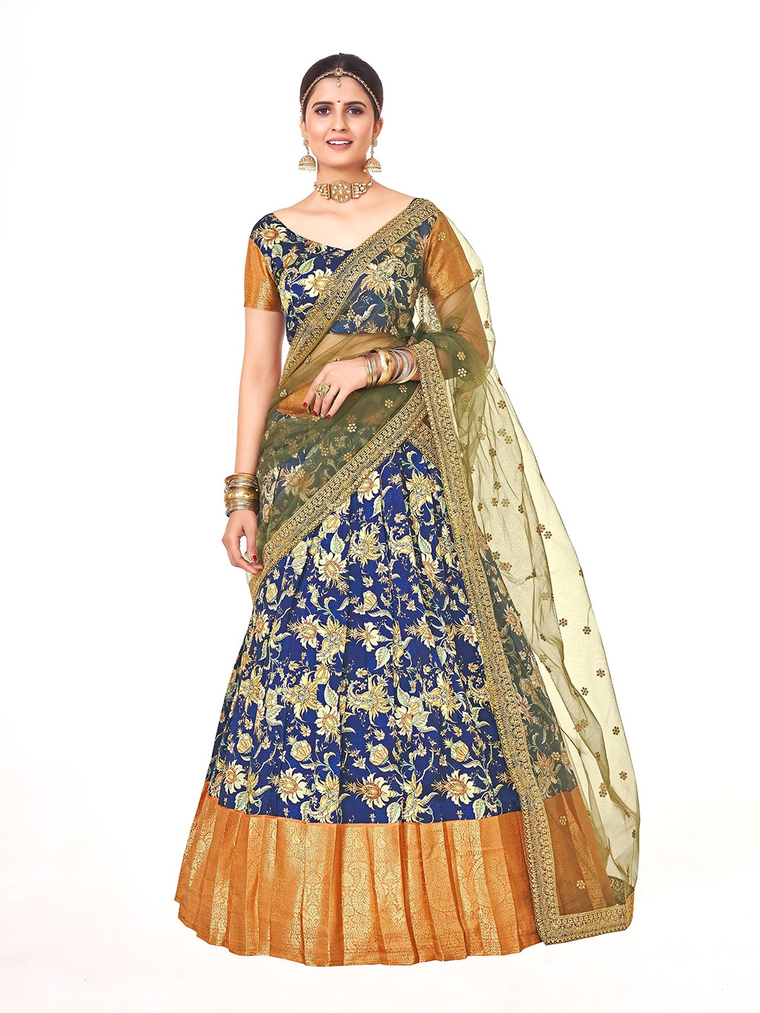 

SHOPGARB Printed Semi-Stitched Lehenga & Unstitched Blouse With Dupatta, Blue