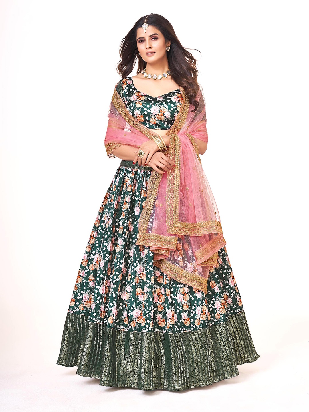 

SHOPGARB Printed Semi-Stitched Lehenga & Unstitched Blouse With Dupatta, Green