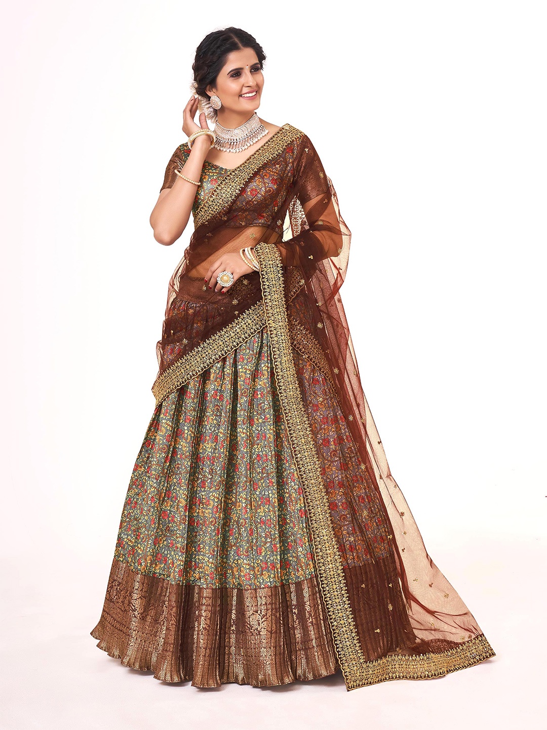 

SHOPGARB Printed Semi-Stitched Lehenga & Unstitched Blouse With Dupatta, Brown