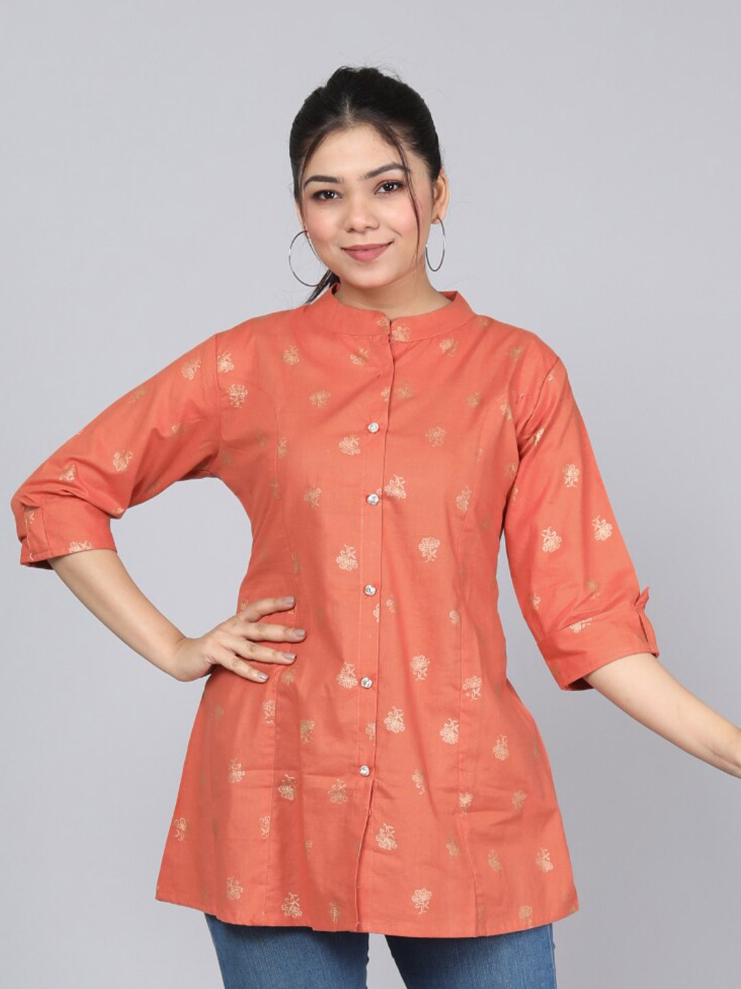 

JC4U Orange Floral Print Mandarin Collar Peplum Top