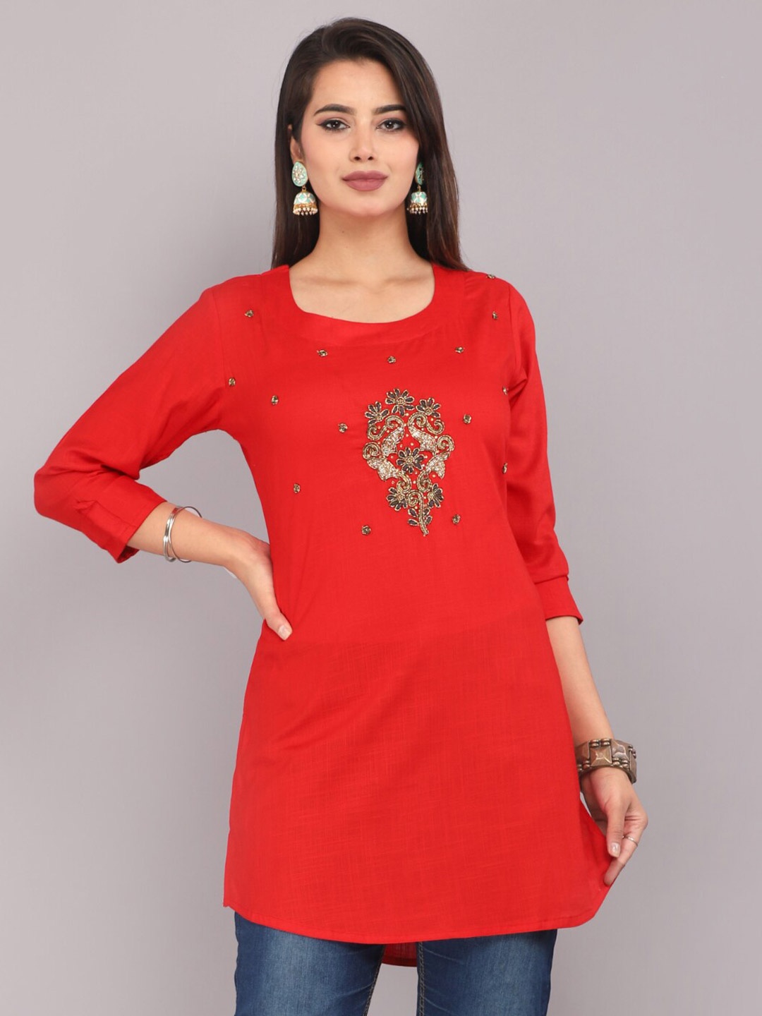 

JC4U Ethnic Motifs Embellished Sequinned Straight Kurti, Red