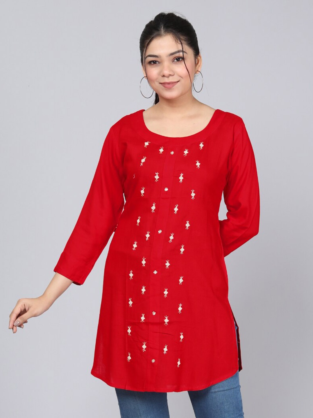 

JC4U Ethnic Motifs Embellished Sequinned Straight Kurti, Red