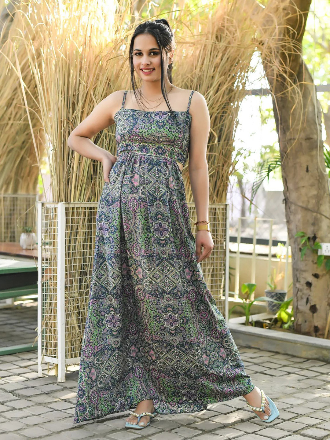 

smisingbee Ethnic Motifs Printed Shoulder Straps Smocked Maxi Dress, Green