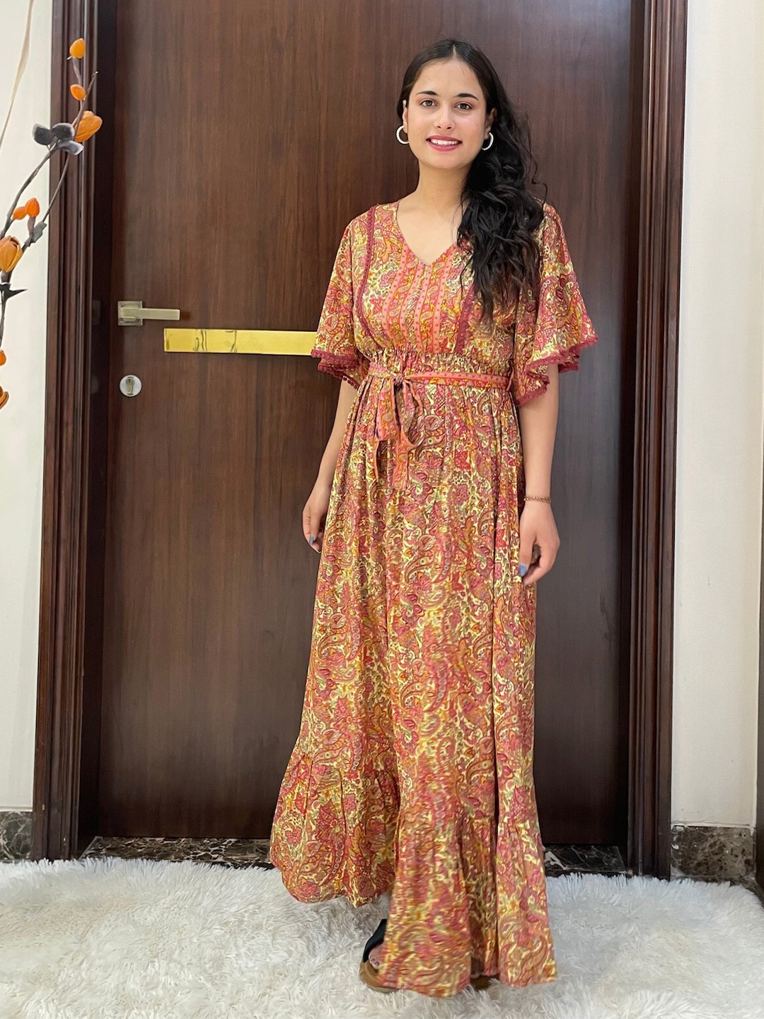 

smisingbee Ethnic Motifs Printed Flared Sleeves Maxi Dress, Yellow