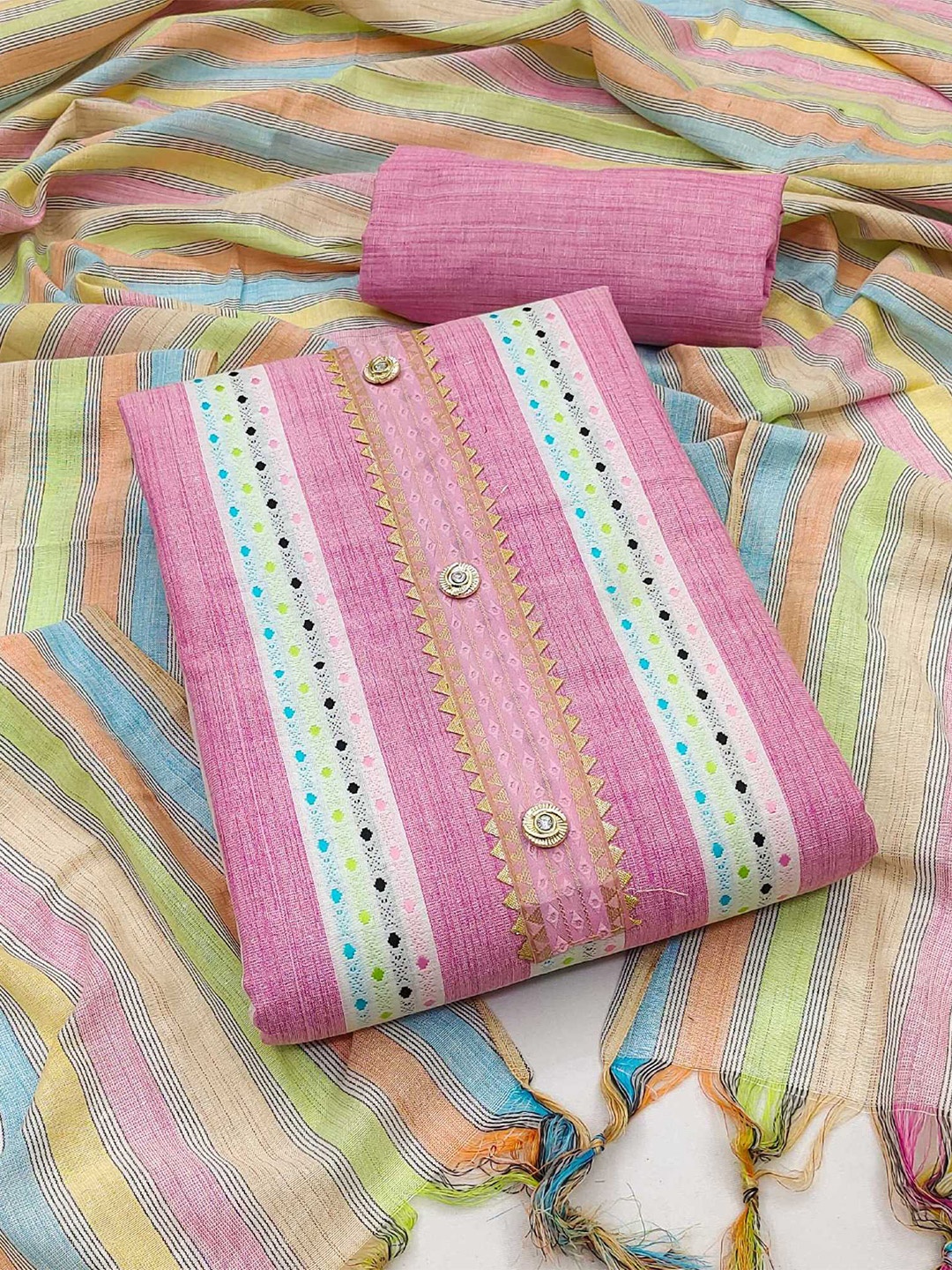 

KALINI Striped Woven Design Unstitched Dress Material, Pink