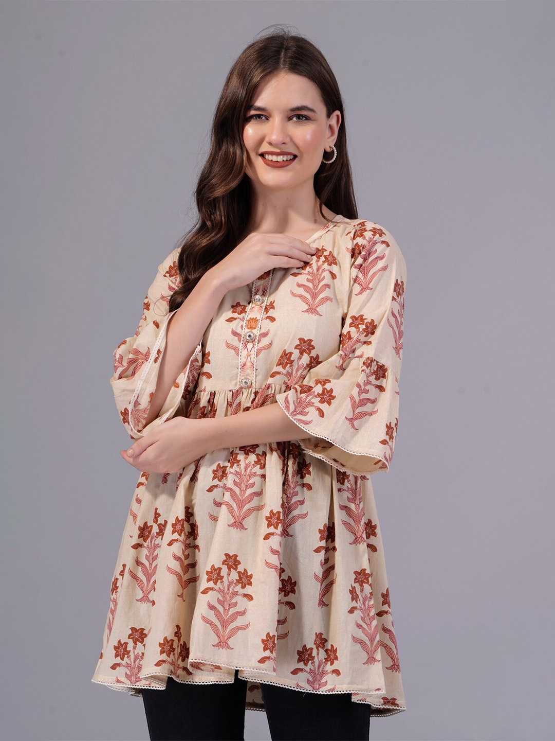 

Aarti Fashion Floral Printed Bell Sleeves Cotton Top, Beige