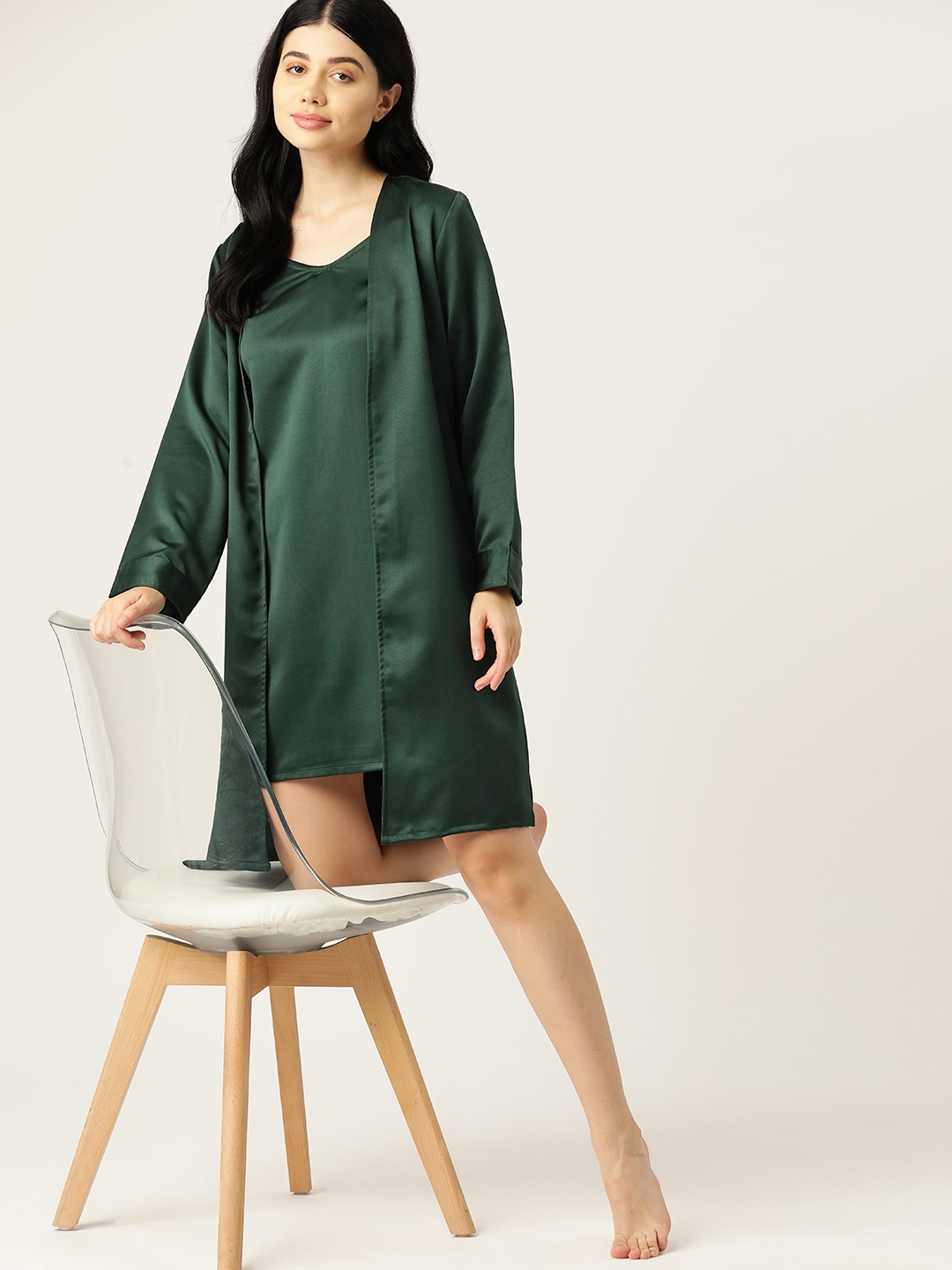 

ETC Solid Nightdress with Robe, Green
