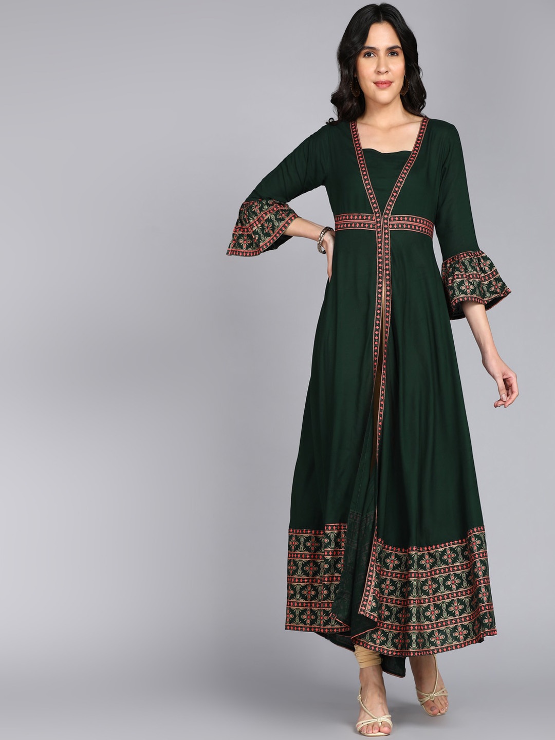 

ftDiva Ethnic Motifs Printed Layered Anarkali Kurta, Green