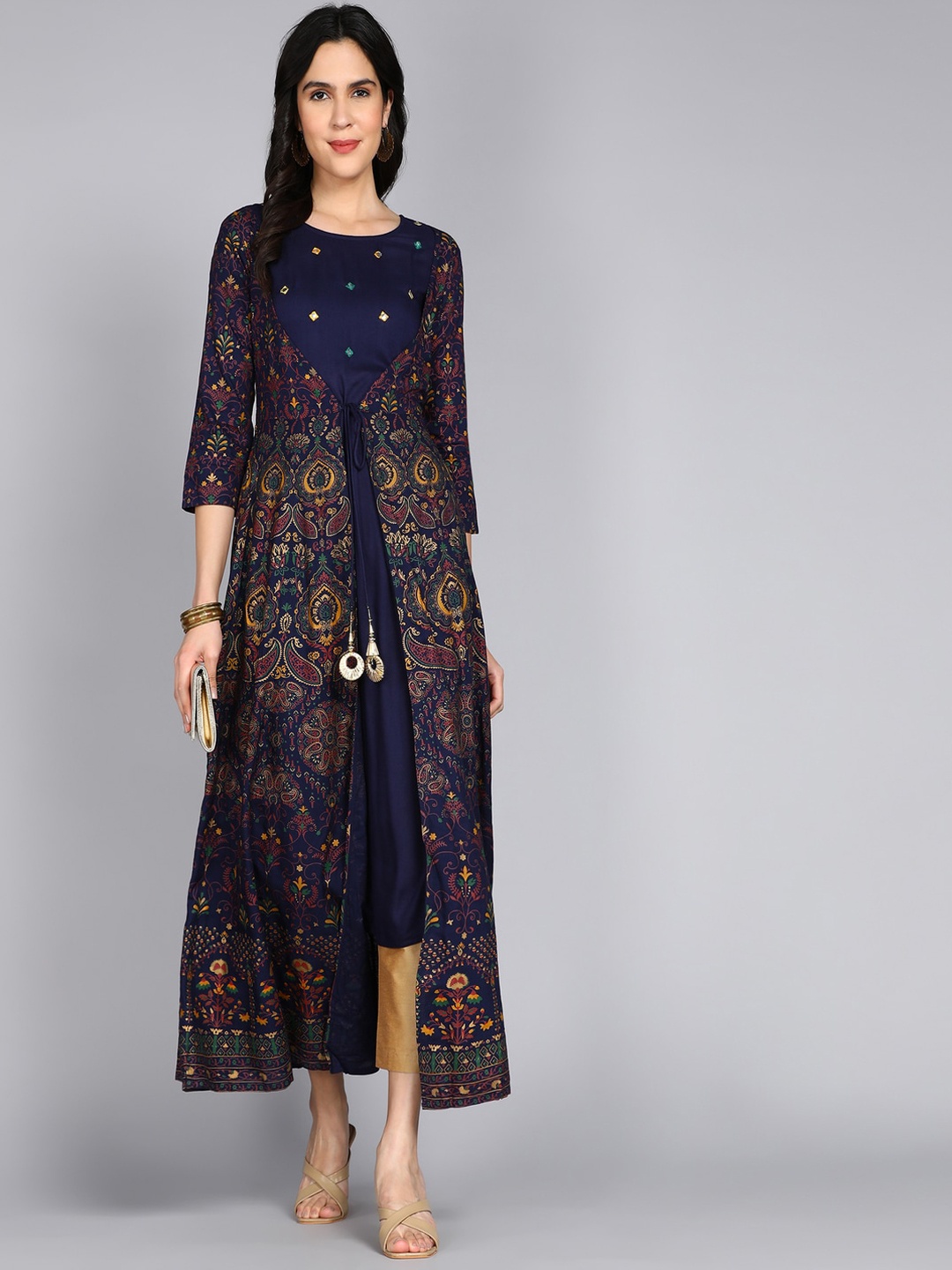 

ftDiva Ethnic Motifs Printed Layered Anarkali Kurta, Blue