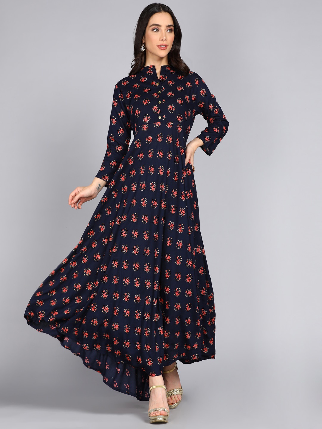 

ftDiva Floral Printed Mandarin Collar Anarkali Kurta, Navy blue