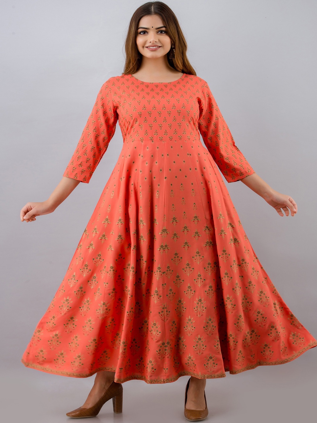 

ftDiva Ethnic Motifs Printed Fit and Flare Maxi Ethnic Dress, Peach