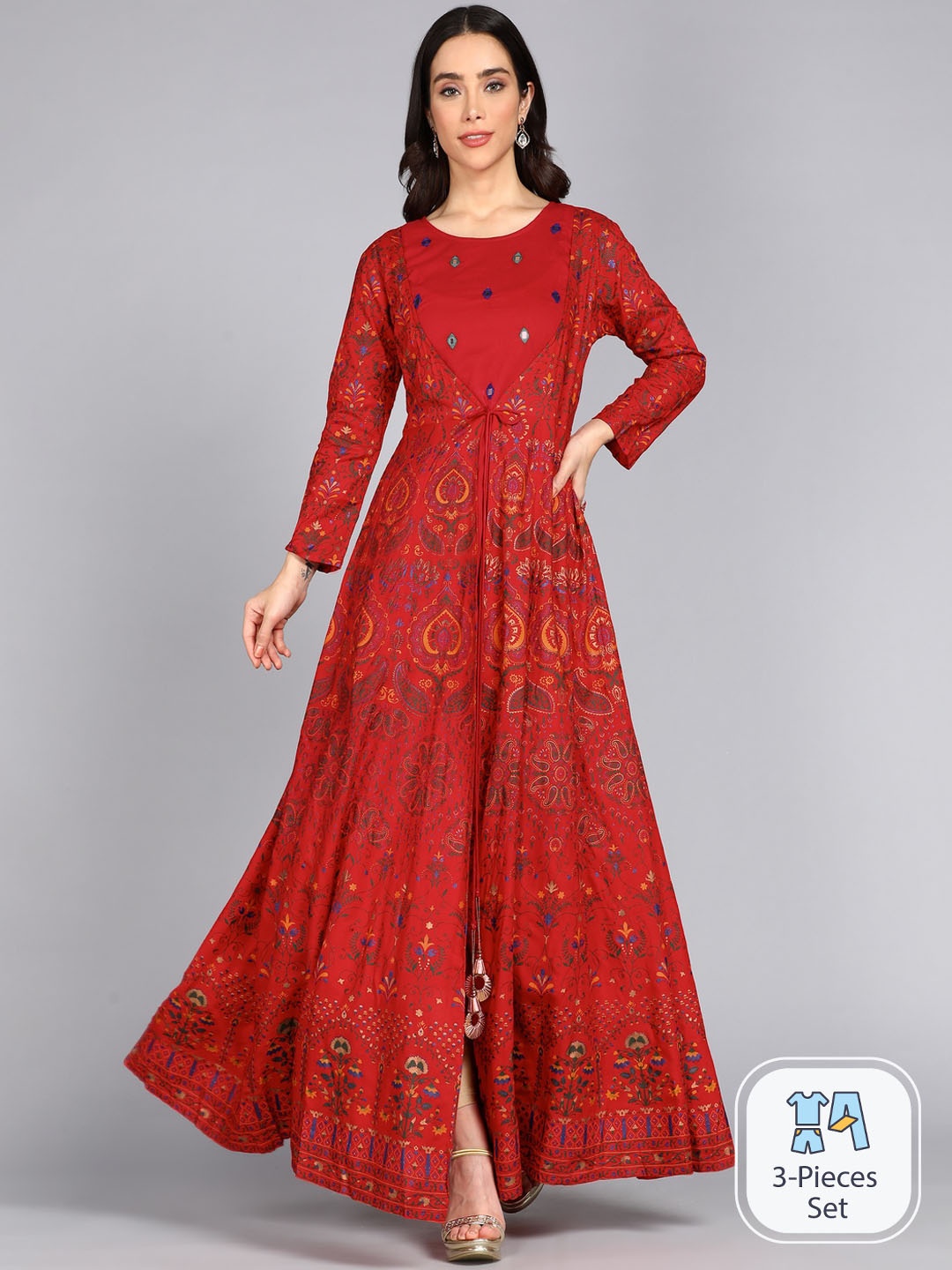 

ftDiva Ethnic Motifs Printed Layered Anarkali Kurta, Red