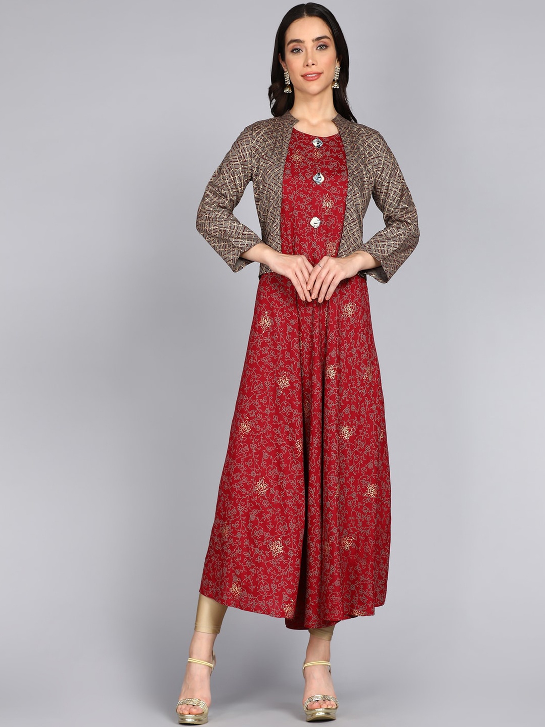 

ftDiva Ethnic Motifs Printed A-Line Kurta With Shrug, Maroon