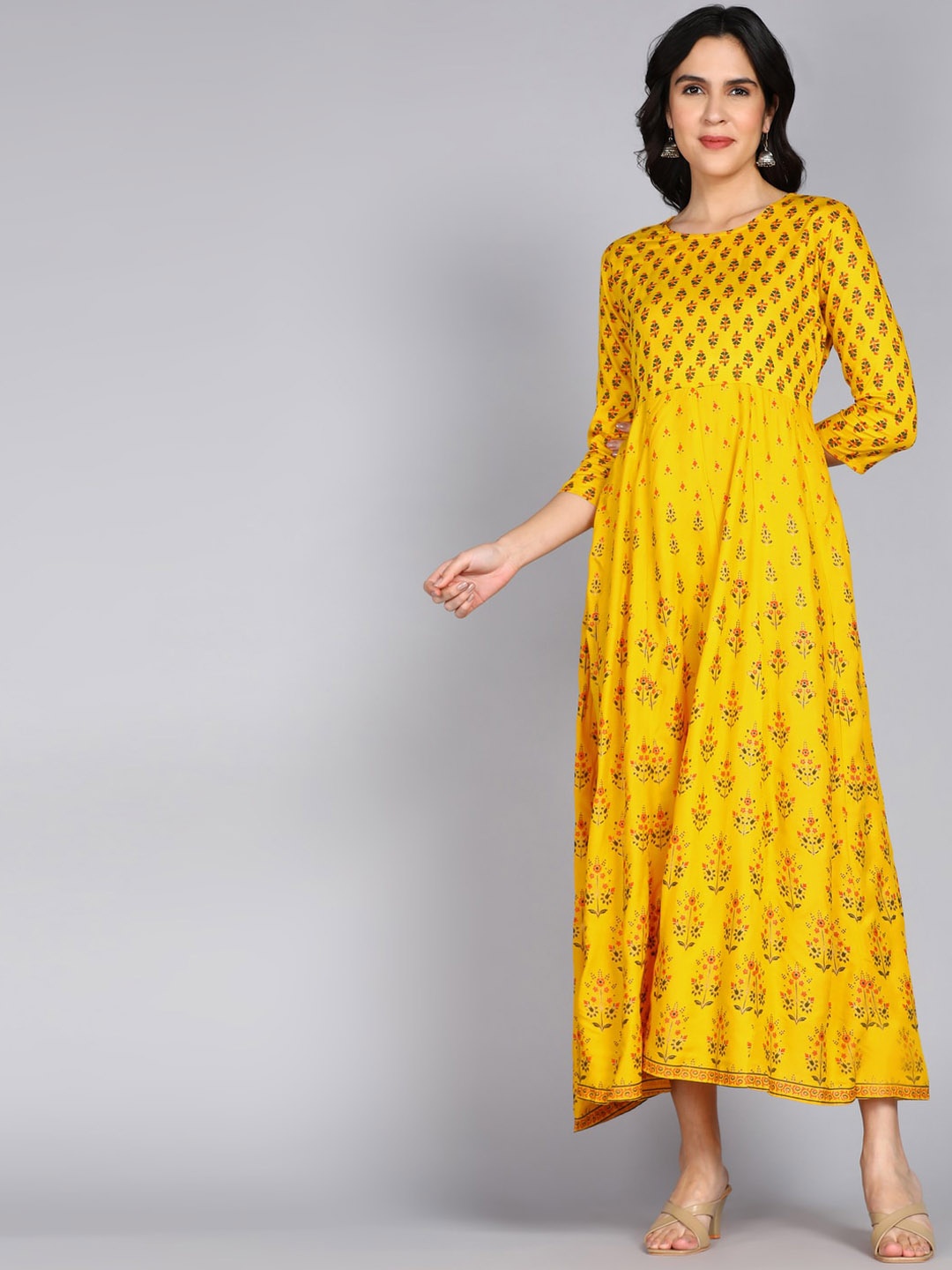 

ftDiva Ethnic Motifs Printed Fit and Flare Maxi Ethnic Dress, Yellow