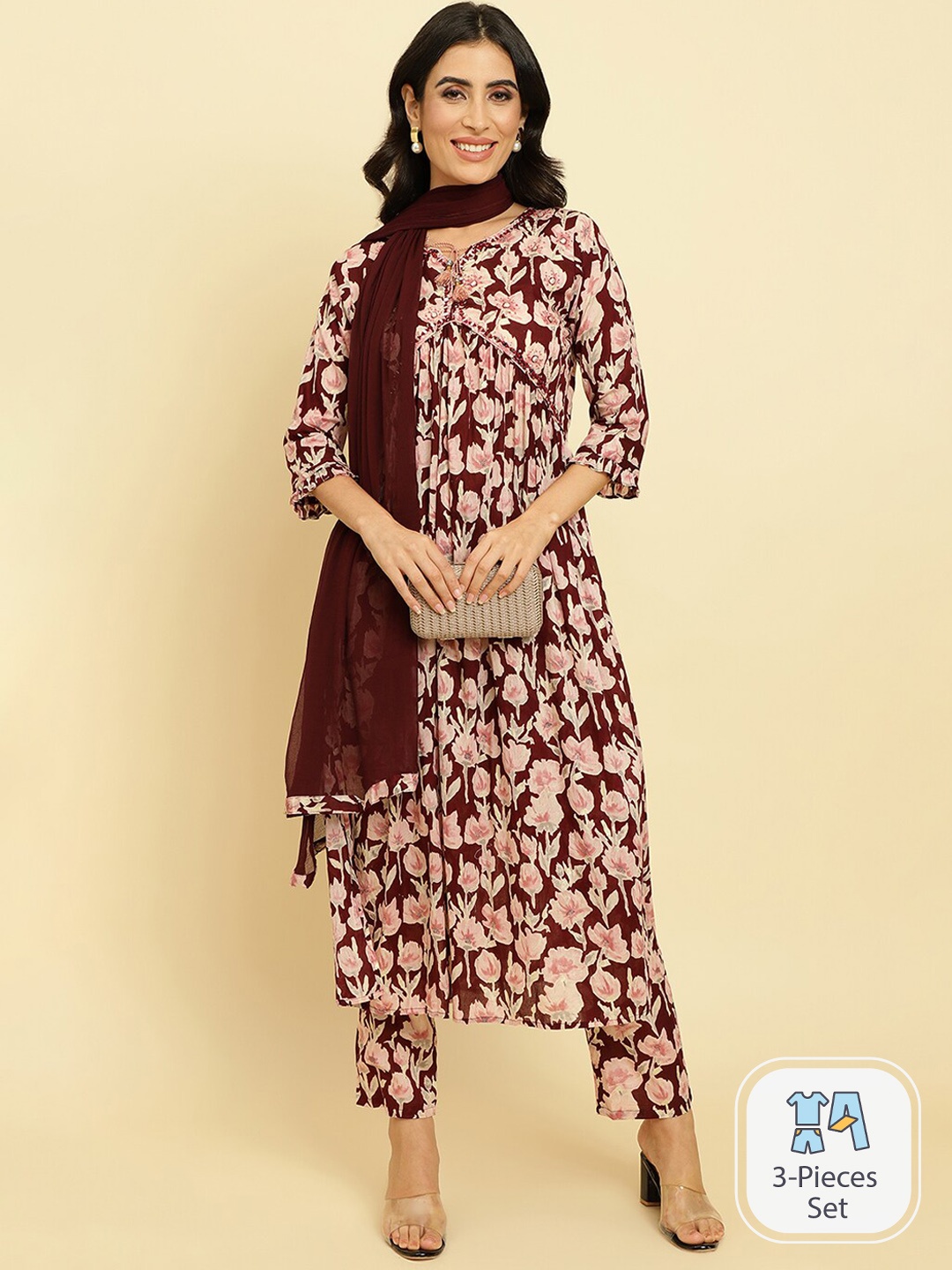 

Varanga Floral Printed Pure Cotton Kurta With Trousers & Dupatta, Maroon