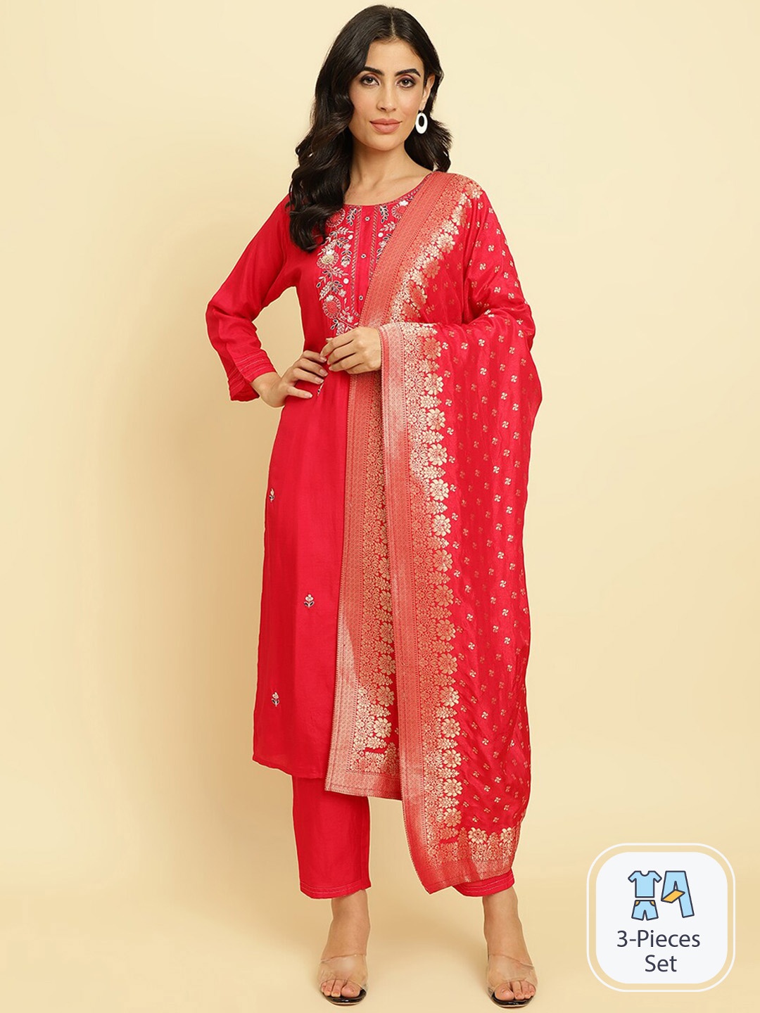 

Varanga Floral Yoke Design Zari Kurta With Trousers & Dupatta, Fuchsia