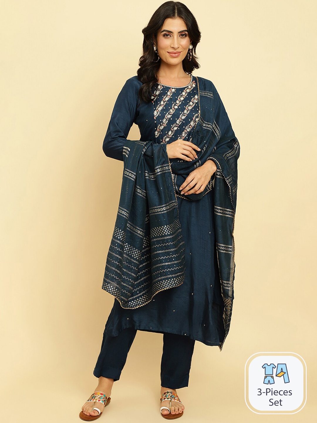 

Varanga Floral Embroidered Beads & Stones Kurta With Trousers & Dupatta, Navy blue