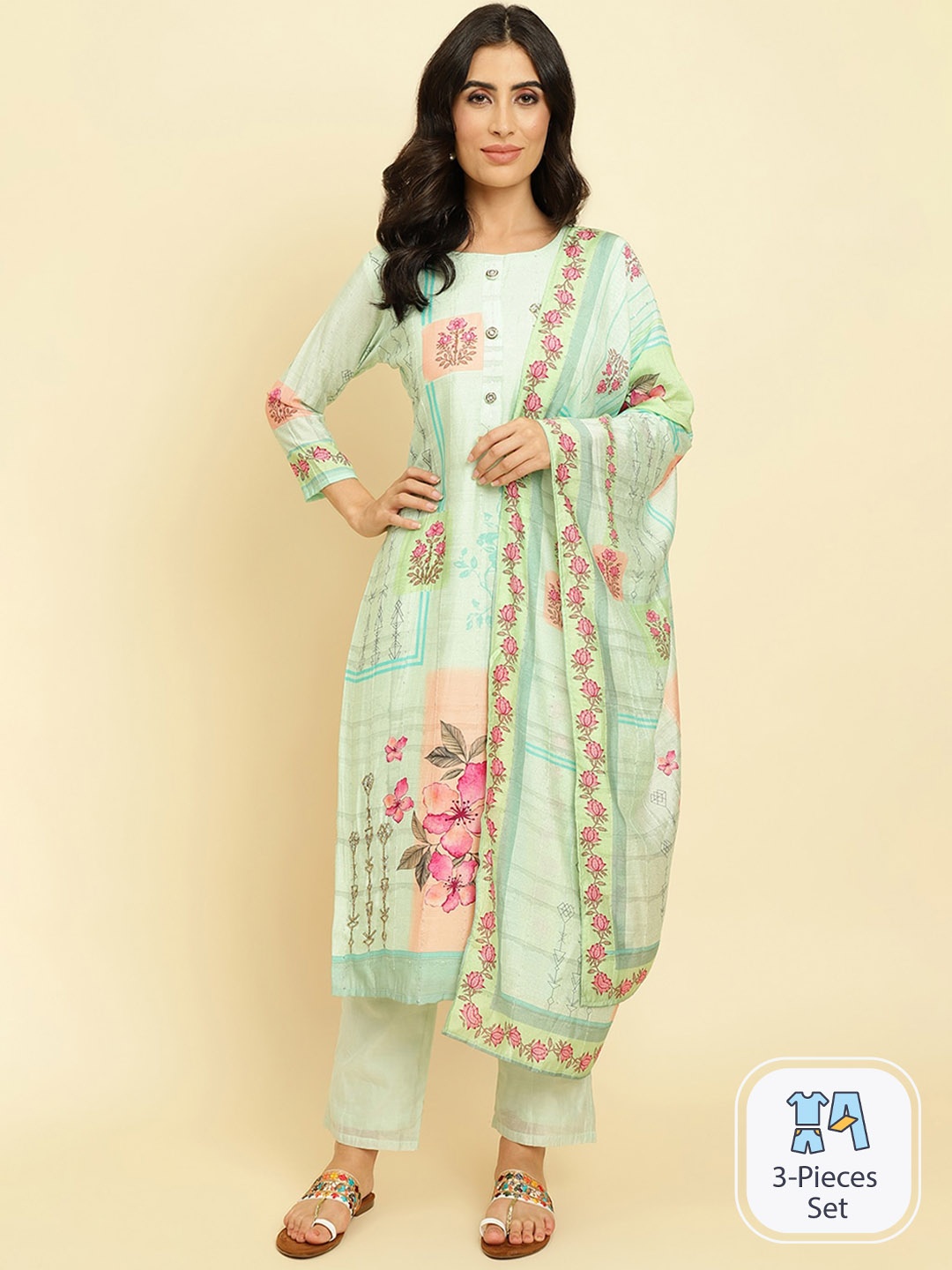 

Varanga Floral Printed Kurta With Trousers & Dupatta, Sea green