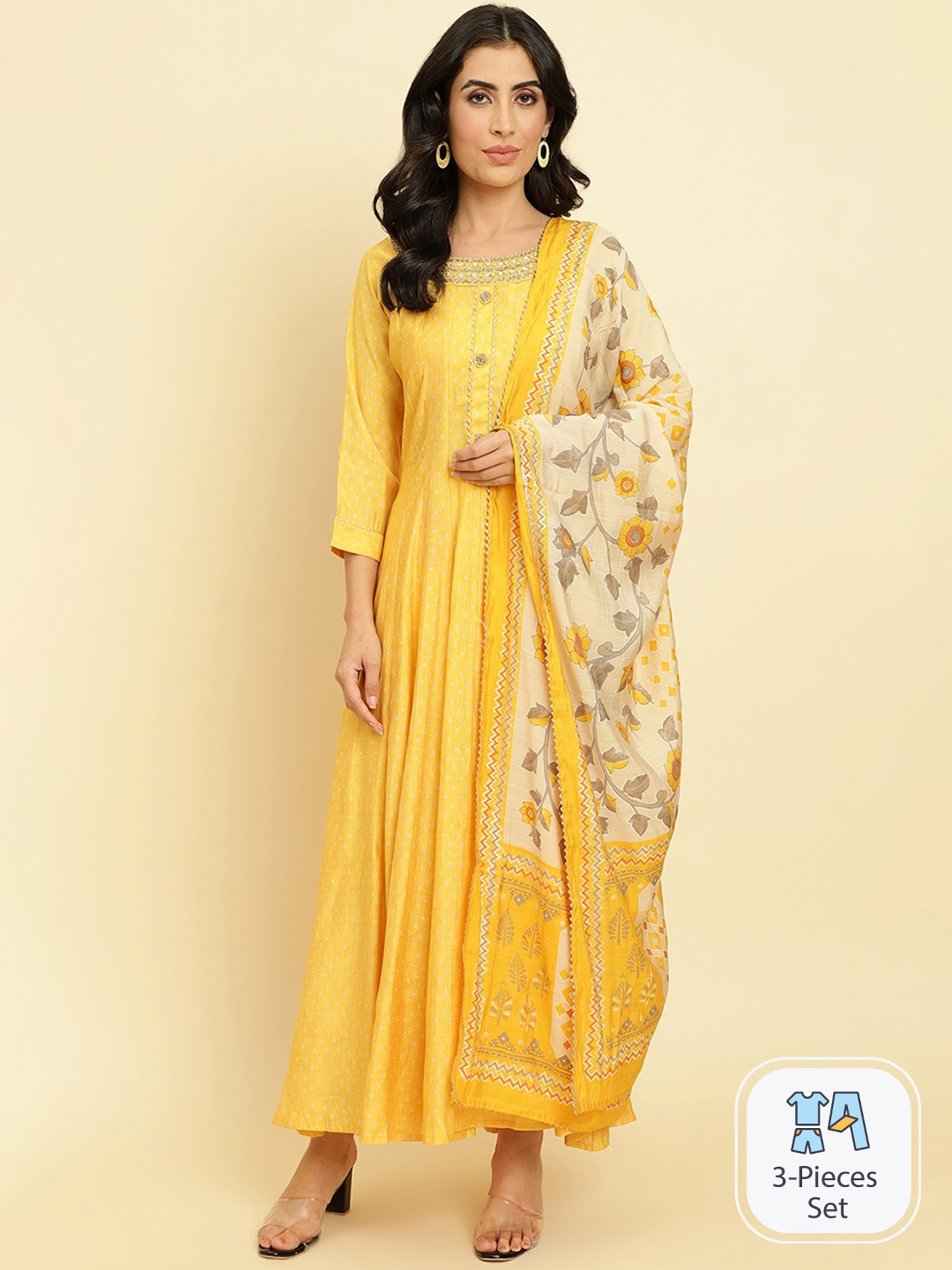 

Varanga Women Abstract Printed Maxi Ethnic Dress With Dupatta, Yellow