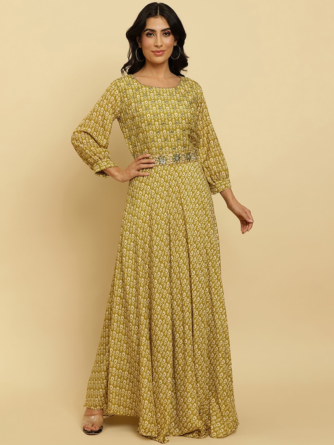 

Varanga Ethnic Motifs Printed Embroidered Maxi Ethnic Dress, Olive