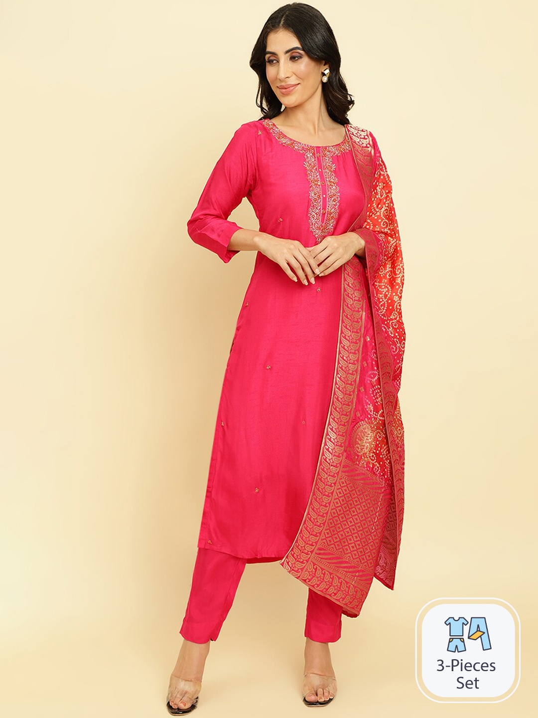 

Varanga Floral Embroidered Beads & Stones Kurta With Trousers & Dupatta, Fuchsia