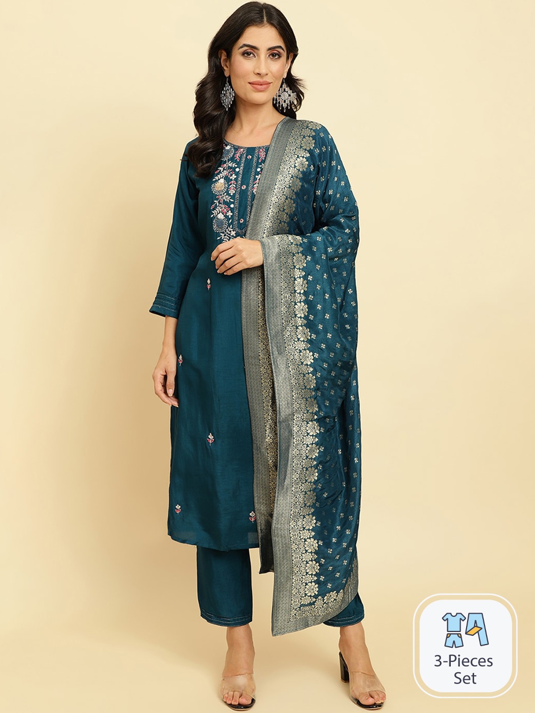 

Varanga Floral Embroidered Beads & Stones Kurta With Trousers & Dupatta, Blue