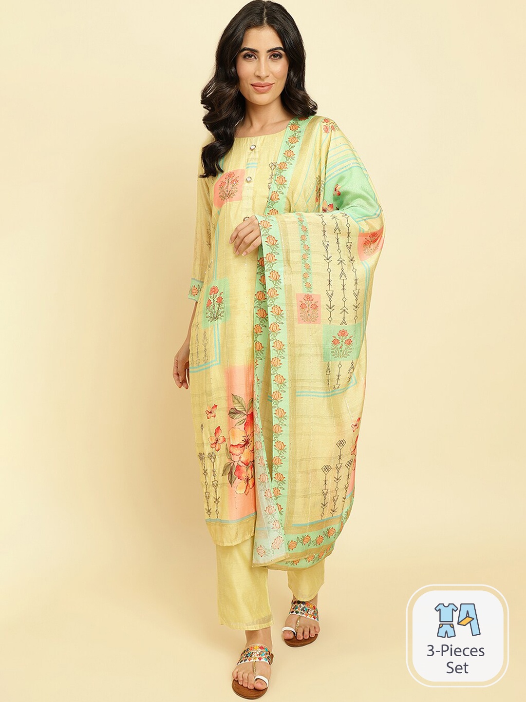 

Varanga Floral Printed Kurta With Trousers & Dupatta, Yellow