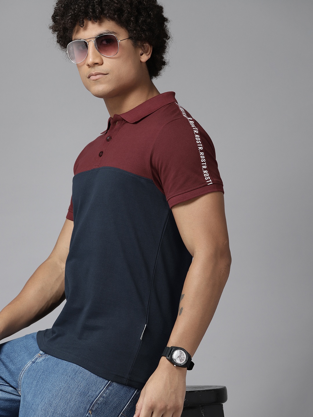 

Roadster Men Colourblocked Polo Collar Pure Cotton T-shirt, Navy blue