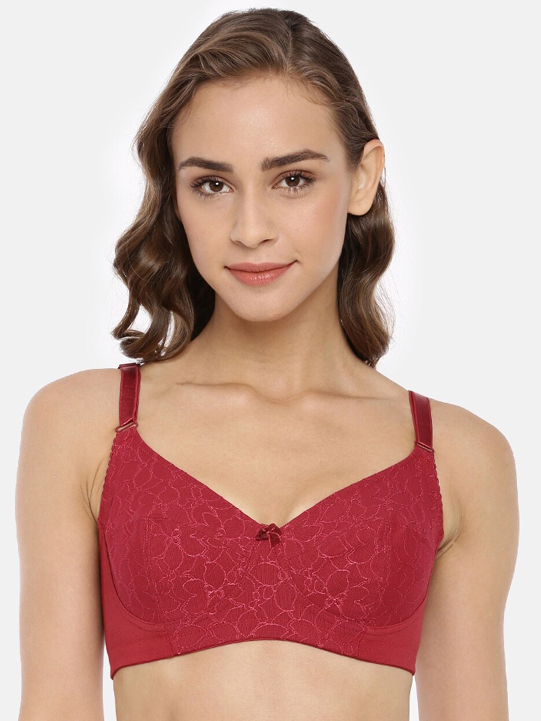 

Macrowoman W-Series Floral Self Design Full Coverage Cotton Minimizer Bra, Maroon