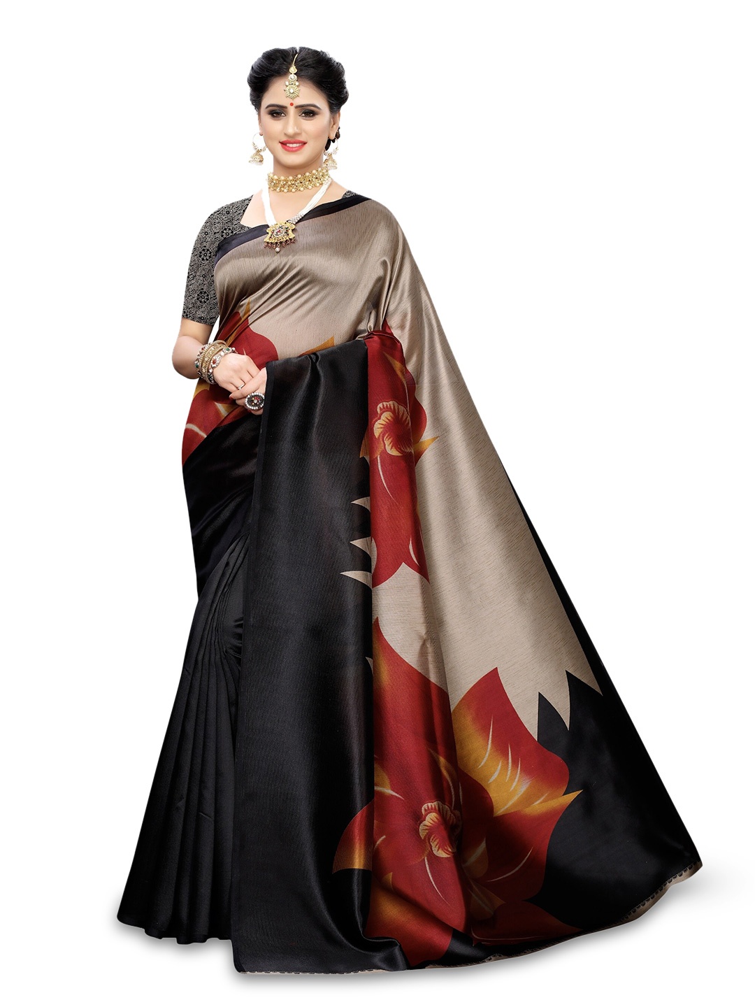 

Florence Floral Print Art Silk Saree, Black