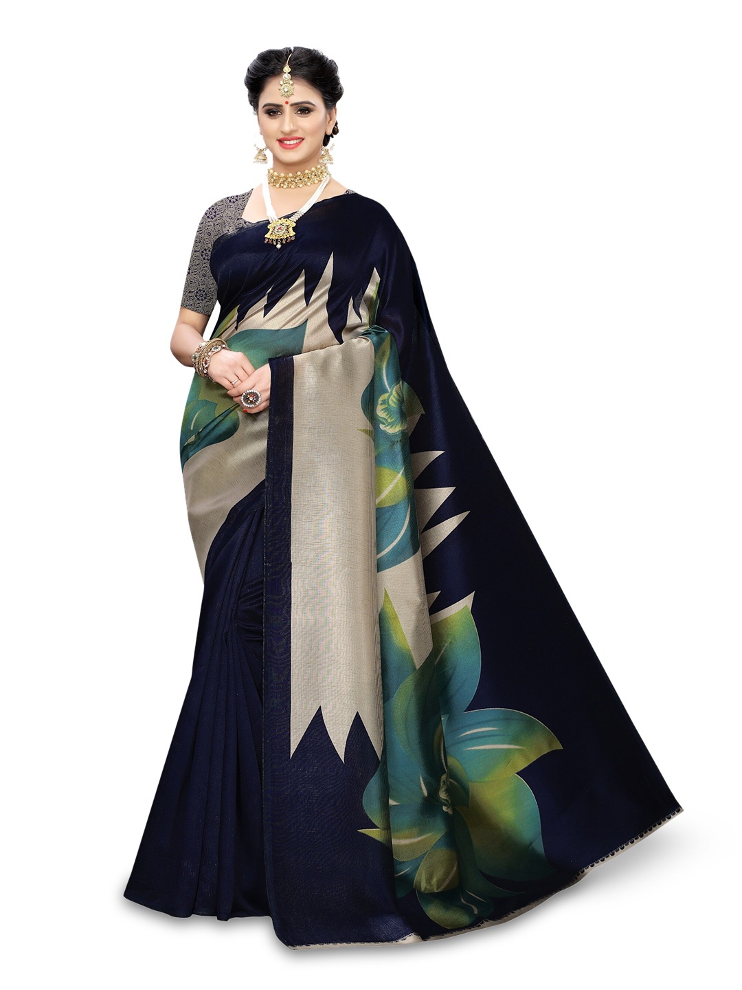 

Florence Floral Printed Art Silk Saree, Navy blue
